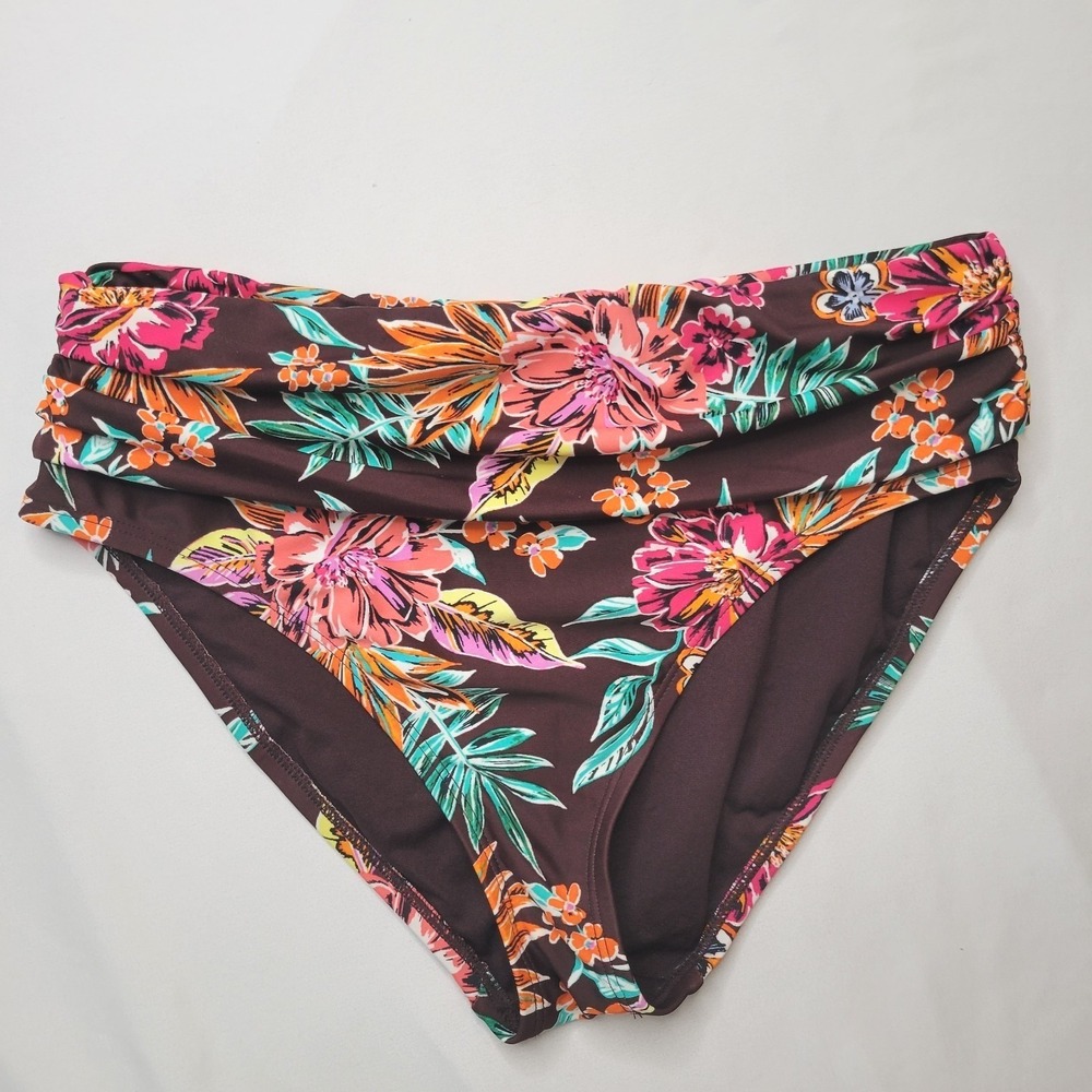 Into The Bleu Floral Bikini Bottom Womens Size 8 Brown Ruched High Waist Swim